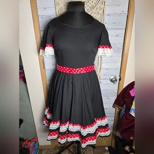 Vtg 50's 60's Pete Bettina Black Lace Polka-dot Retro Circle Skirt Swing Dress